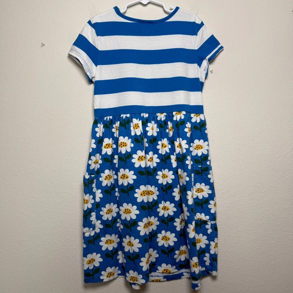 Hanna‎ Andersson Mixie Dress 10 Daisy Blue White Stripe Patchwork  Pockets 140cm